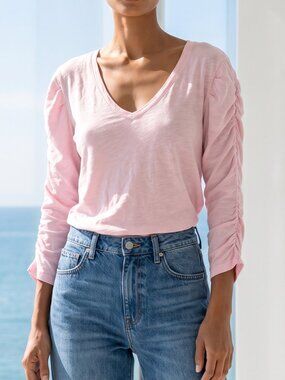 NWT Anthropologie SUNDRY pink pima cotton v neck rushed sleeve t-shirt XL